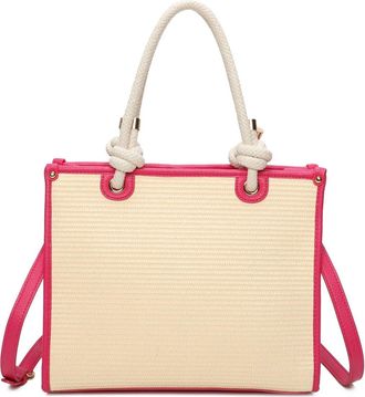 Generic Womens Bi-Tone Straw Tote Bag with Zipper Top & Adjustable Strap - Chic Summer Handbag with Double Handles, Gold Tone Hardware & Interior Pocket (Rose