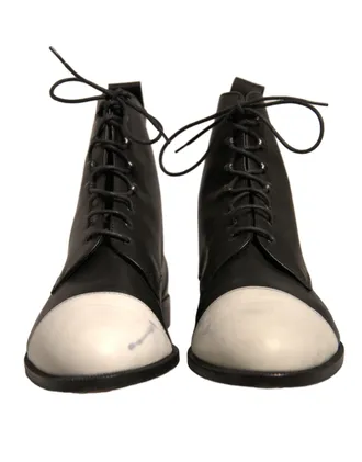 Sergio Rossi Black White Leather Lace Up Flats Ankle Boots Womens Shoes (Pre-Owned)