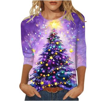 Generic Christmas Tops for Womens Novelty Funny Xmas 3/4 Sleeeve Pullover Lightweight Christmas Tree Sweatshirts Casual Elk Snowman Print Crewneck Blouse Cute