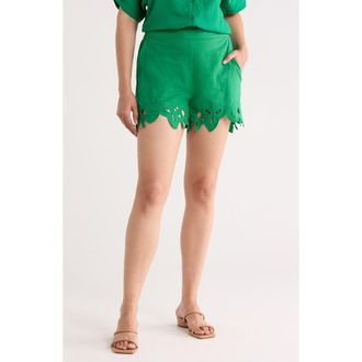 T Tahari Embroidered Hem Linen Blend Shorts in Jungle Palm at Nordstrom Rack, Size Small