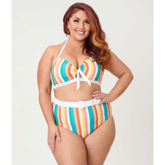Unique Vintage Plus Size Bow Halter Swim Top in Blue Rainbow Stripe at Nordstrom, Size 3 X