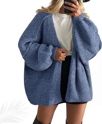Generic Womens Oversized Cardigan Sweaters, Open Front Knit Casual Long Lantern Sleeve Fall Sweater Coats Lightweight Sweater (Blue,XL)