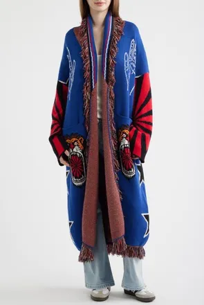 Dressed in Lala You Can Have It All Luxe Fringe Cardigan in Royal Blue/Red at Nordstrom, Size Large