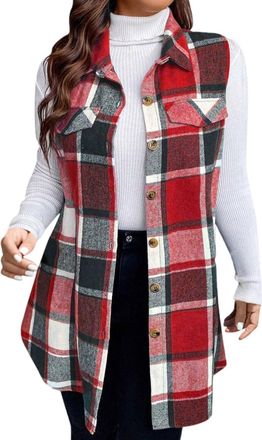 Generic Womens Oversized Brushed Plaid Gilet Sleeveless Trench Coat Lapel Collar Waistcoat Vest Coats for Women Mid-Length Cardigan Outerwear in Classic Check