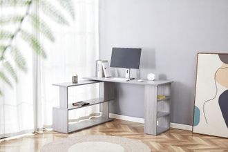 Kosy Koala Grey Office Desk L-Shaped with Storage Shelves - Wooden Room Furniture for Home, Study, & Office