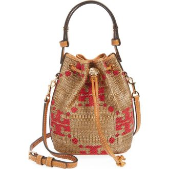 Tory Burch Mini T Monogram Straw Bucket Bag in Natural at Nordstrom
