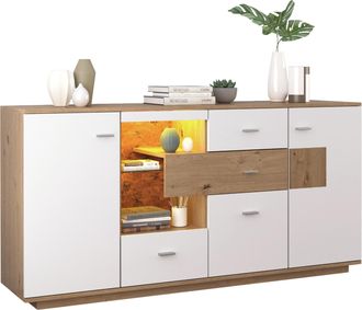 STILVORA Aparador Con 2 Puertas, 4 Cajones Y Estante De Cristal, Led 16 Colores, En Mdf, Blanco Y Natural, 160&times;40&times;77 Cm