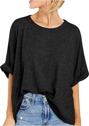 Generic Ladies Summer Blouses Oversized T Shirts for Womens UK Short Sleeve Oversized Tunic Tops Crewneck Plain Tee Shirts Solid Color Tshirts Loose Casual Bl