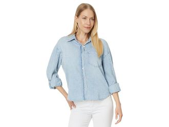 Kut from the Kloth Leighton - Long Sleeve Button Down with Patch Pocket Womens Clothing Light Wash : LG, Cotton/Down