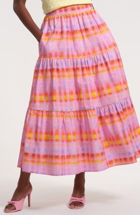 Isaac Mizrahi New York Tiered Stripe Cotton Midi Skirt in Pink Multi at Nordstrom, Size X-Small