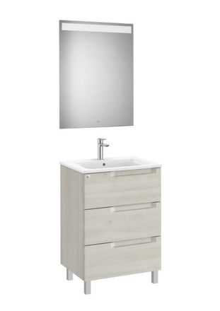 Roca Mueble Lavabo 600mm Aleyda Con Patas 3 Cajones + Espejo Blanco Madera