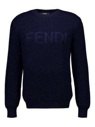 Fendi embroidered-logo long-sleeved sweater - men - Virgin Wool - 48 - Blue