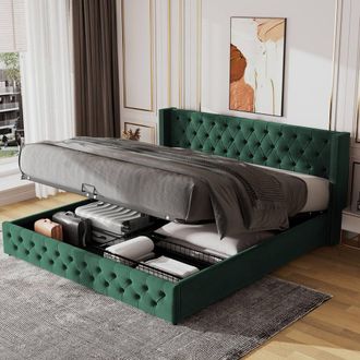 Merax Velvet Double Ottoman Storage Bed Frame 135 x 190 cm in Green