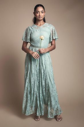 Oasis Womens Angel Sleeve Lace Bridesmaid Dress - Green - Size 12 UK