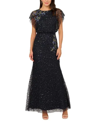 Adrianna Papell Flutter Sleeve Beaded Blouson Gown