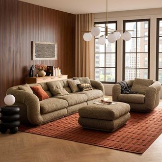 Castlery Textured Boucle Extended Sofa with Ottoman, Feather Filled Seats - Green | Solari by Castlery