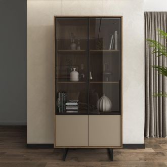 Dmora Vitrina Agro, Mueble Exhibidor 3 Estantes, 2 Puertas, Puerta Detalle Vidrio, 190x40x90h Cm Marr&oacute;n Nogal