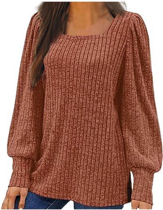 Generic Long Sleeve Jumpers for Women Square Neck Tops Lantern Sleeve Lightweight Sweaters for Leggings Ribbed Knit Sweatshirt Pullover Tunic Tops Ladies Over