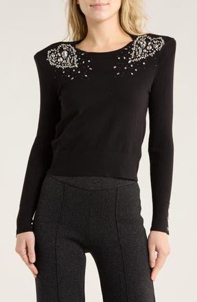 L'agence Cesca Crystal Heart Crop Sweater in Black/Crystal at Nordstrom Rack, Size X-Small