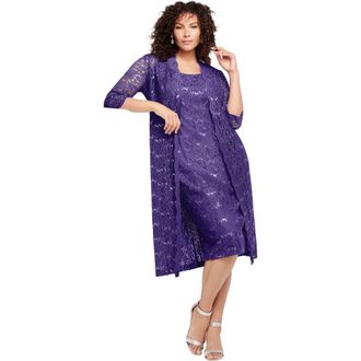 Roaman's Plus Size 3/4 Sleeve Formal Duster Sequin Embellished Lace Dress Set in Midnight Violet at Nordstrom, Size 30