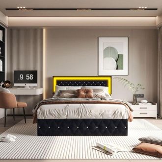 OEM Cama Lit 160x200 - Terciopelo Negro - Led Integrada - Mecanismo Hidr&aacute;ulico Silencioso - Dise&ntilde;o Moderno Y Chic