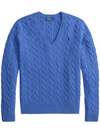 Polo Ralph Lauren Cable Knit Blue Pullover with V-Neckline and Ribbed Details