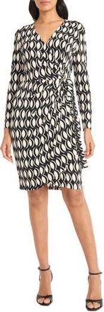 Maggy London Wrap Front Long Sleeve Dress in Black/Ivory at Nordstrom Rack, Size 18 (Similar To 16W)