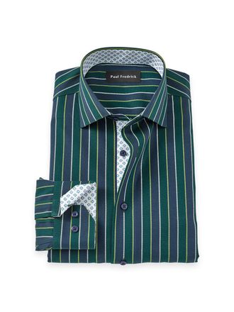 Paul Fredrick Tailored Fit Non-iron Cotton Stripe Dress Shirt With Contrast Trim