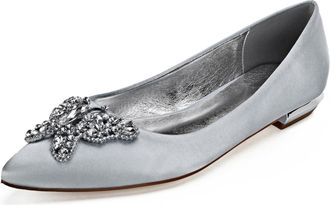 Generic Womens Wedding Flats Satin Bridal Pointed Toe Bridesmaids Shoes Prom Party Dress Flat 2Cm,Silver,10 UK
