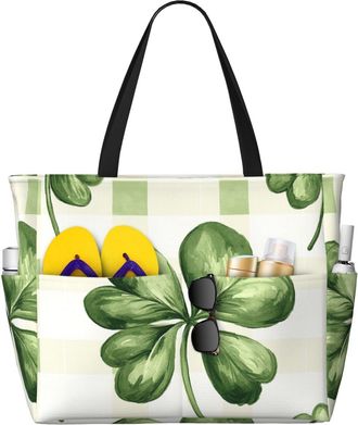 Generic Happy St. Patricks Day Print Large Beach Bag Foldable Travel Shoulder Tote Bag With Pocket For Weekender Pool Vacation