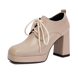 Generic Women Square Toe Lace Up Platform Pumps Chunky Block Heel Back Pull Tab Soft Upper Non Slip Sole Durable Comfortable Office Casual Shoes,Apricot,4.5 U