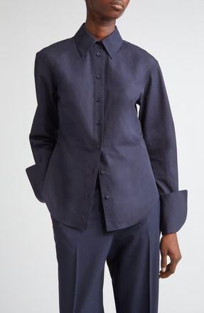 Lafayette 148 New York Fitted Organic Cotton Poplin Button-Up Shirt in Ink at Nordstrom, Size 10