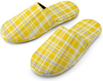 Generic Yellow White Plaid Mens Slippers Warm Non-Slip Houes Shose Spa Slipper for Home Bedroom