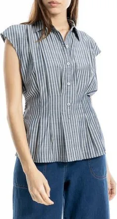 Max Studio Pin Tuck Pleat Button Front Shirt in Indigo/Ivory Stripe at Nordstrom Rack, Size X-Large