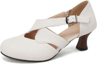 Generic Womens Cross-Strap Ankle Strap Pumps Round Toe Chunky Heels Adjustable Buckle PU Upper Cutout Design Soft Insole Non-Slip Comfortable Shoes,White,10.5
