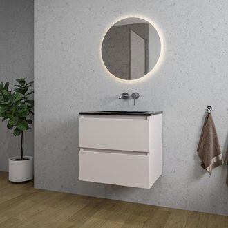 Saniclass Chaci Badkamermeubelset - 60x46x55cm - keramische wastafel zwart - 1 wasbak - zonder kraangat - 2 lades - ronde spiegel met verlichting - mat cotton (