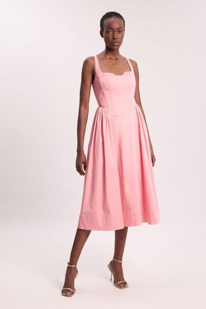 Karen Millen Womens Scattered Floral Cotton Poplin Boned Detail Woven Maxi Prom Dress - Light Pink - Size 10 UK