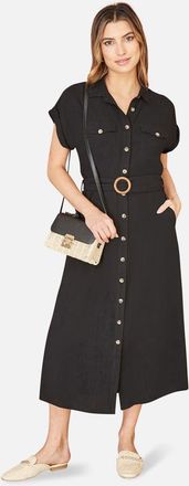 Yumi Viscose Linen Look Midi Shirt Dress in Black at Nordstrom, Size 10