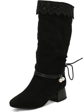 Generic Womens Square Toe Vintage Dress Boots Pull on Mid-Calf Boots Mid Block Heel Long Boot with Pearl,Black2,3.5 UK