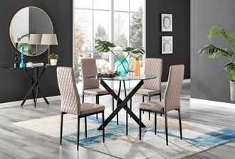 Furniturebox Novara 4 Seater Black Leg Round Glass Dining Table & 4 Milan Faux Leather Black Leg Chairs in Beige