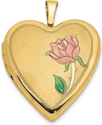 Diamond2Deal 14k Yellow Gold Pink and Green Enamel Rose 20mm Heart Locket