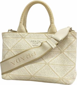 Prada Beige White Canvas Tote Bag (Pre-Owned)