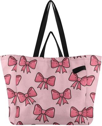 Generic Bow Pink print Reusable Canvas Tote Bag, Heavy Duty Grocery Shopping Bag with Hard Bottom Double Handles Large Capacity Work Groceries Travel