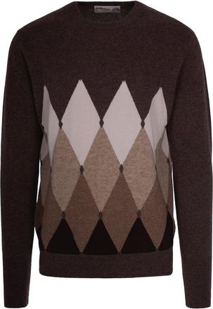 Ballantyne Bruine Trui met Diamantpatroon - Heren - Cashmere truien - Veelkleurig - XL - Kasjmier - Truien & Vesten