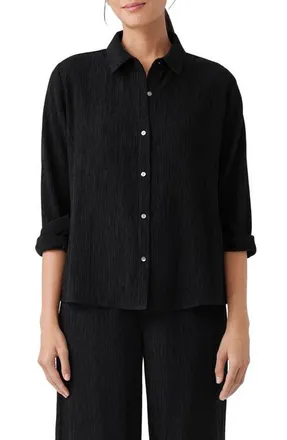 Eileen Fisher Classic Pliss&eacute; Button-Up Shirt in Black at Nordstrom, Size Xx-Small