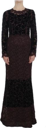 Dolce & Gabbana Lace Velvet Long Sleeve Maxi Dress - Dames - Avondkleed - Zwart - M - Katoen - Kleedjes