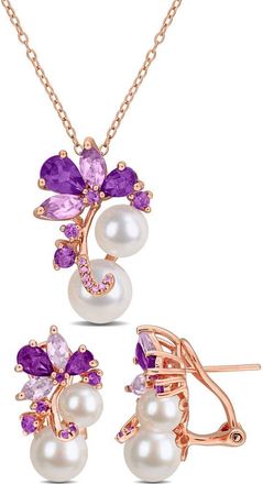 Delmar Cultured Freshwater Pearl, Amethyst & Africa Rose de France Necklace & Lever-Back Earrings Set in Multi-Color at Nordstrom Rack