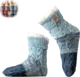 Generic Ultra-thick Slipper Home Socks for Women,Tri-color Knit Patchwork Non-Slip Warm floor socks,Cozy Fuzzy Lined (2, blue)