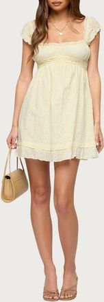 Edikted Eyelet Ruffle Babydoll Minidress in Light-Yellow at Nordstrom, Size X-Small