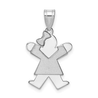Diamond2Deal 14k White Gold The Kids Small Girl with Bow on Left Engravable Joy Charm Pendant